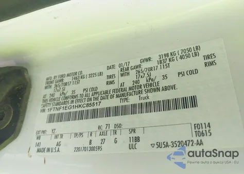 2017 Ford F-150 Xl z USA, uszkodzony, nr VIN 1FTNF1EG1HKC85517